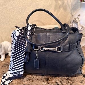 Coach Black Leather Satchel with Monochrome Scarf